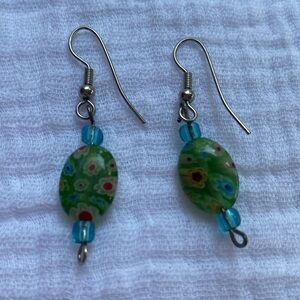 Flower Glass Bead Dangle Earrings Hippie Floral Blue Green Silver‎